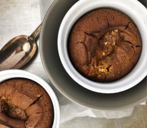 Choc Nut Caramel Lava Puddings - chocolate puddings with a rich lava centre of almond butter and caramel - need I say more?