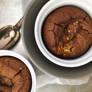 Choc Nut Caramel Lava Puddings - chocolate puddings with a rich lava centre of almond butter and caramel - need I say more?