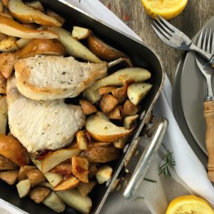Pork Chops with Pears and Lemon - all in one pan! A really simple but out-of-this-world tasting tray bake. Pork, lemon, pears, rosemary and garlic.