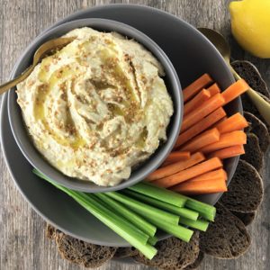 Easy Garlic Hummus - roast your garlic for 15 mins, then put it all in the food processor - done!