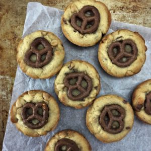 Chubby Hubby Cookies made in a muffin tin - soft, dense, chewy cookies flavoured with malt, peanut butter & salty preztels