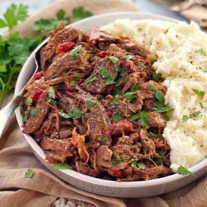 shredded lamb and mashed potato in a white bowl