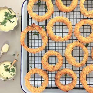 Double crunch baked onion rings with beer batter