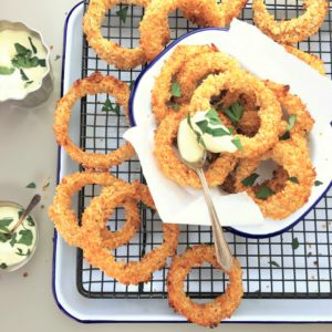 Double crunch baked onion rings with beer batter