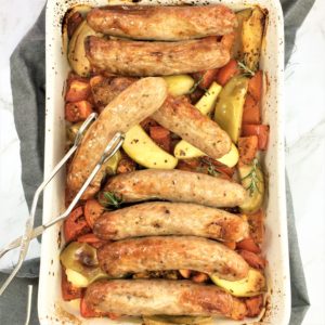 Sausage bake with Tomato & Apple - one pot & on the table in 45 minutes
