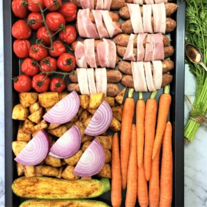Sausage tray bake with spiced vegetables - one pan cooking at it's best!