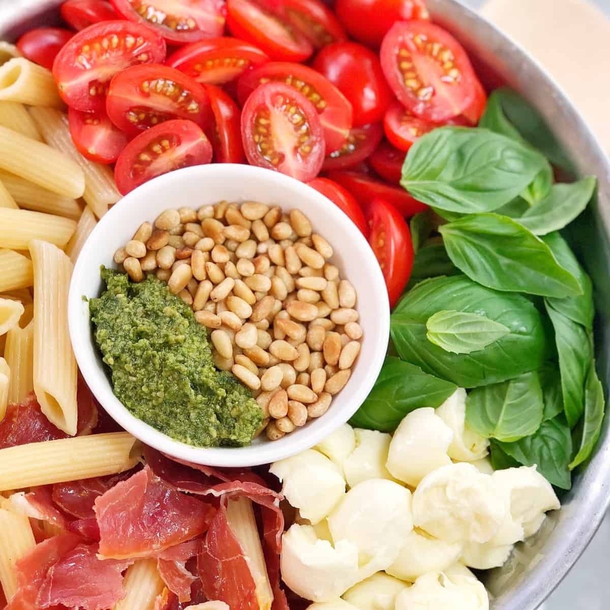 image showing ingredients needed to make this pasta salad recipe