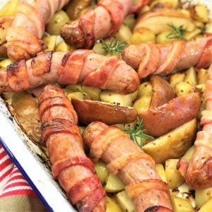 bacon wrapped sausages with apples & potatoes - one pot, one pan, tray bake, winter veg, fall