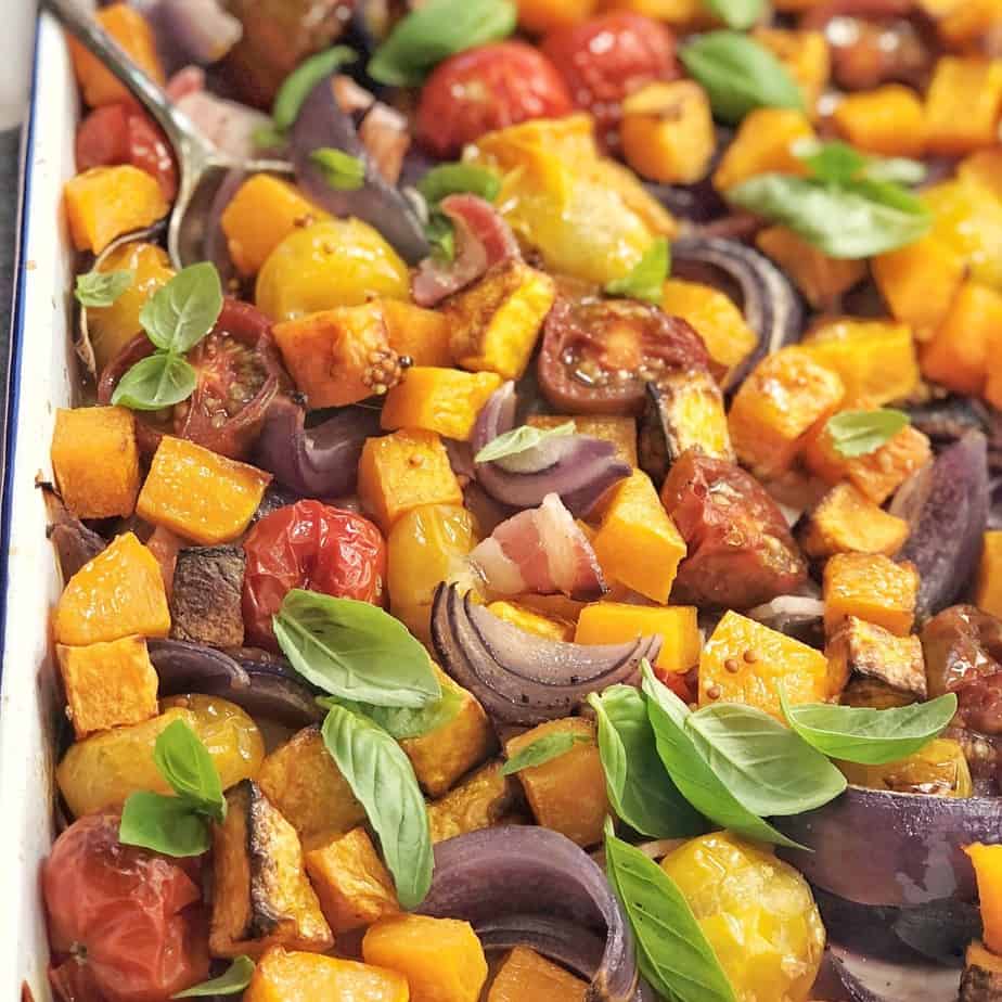 mixed vegetables on a white baking tray