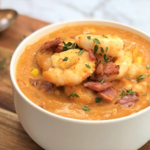 Potato bacon corn soup with prawns / shrimp - a thick hearty creamy chowder without cream