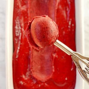 red sorbet in a white pan