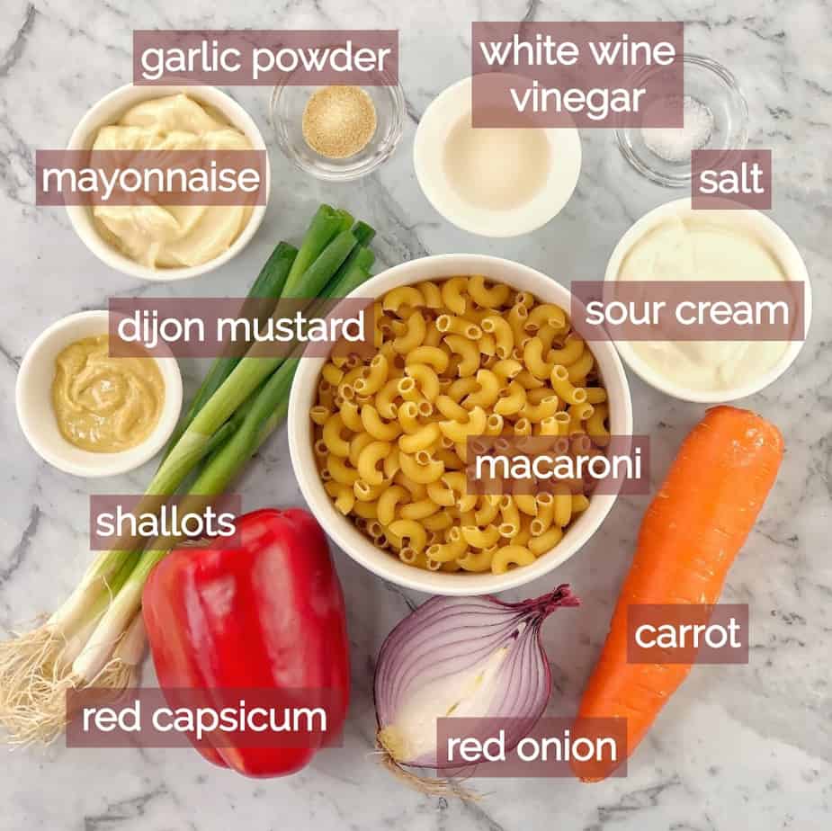image showing ingredients needed to make creamy macaroni salad