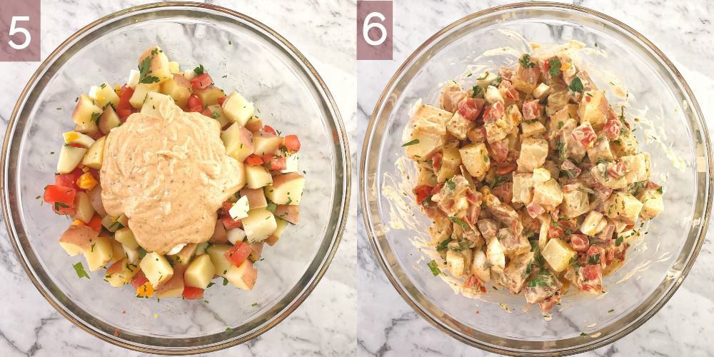 process shots showing how to make potato salad