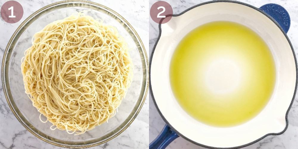 process shot showing how to make pasta salad