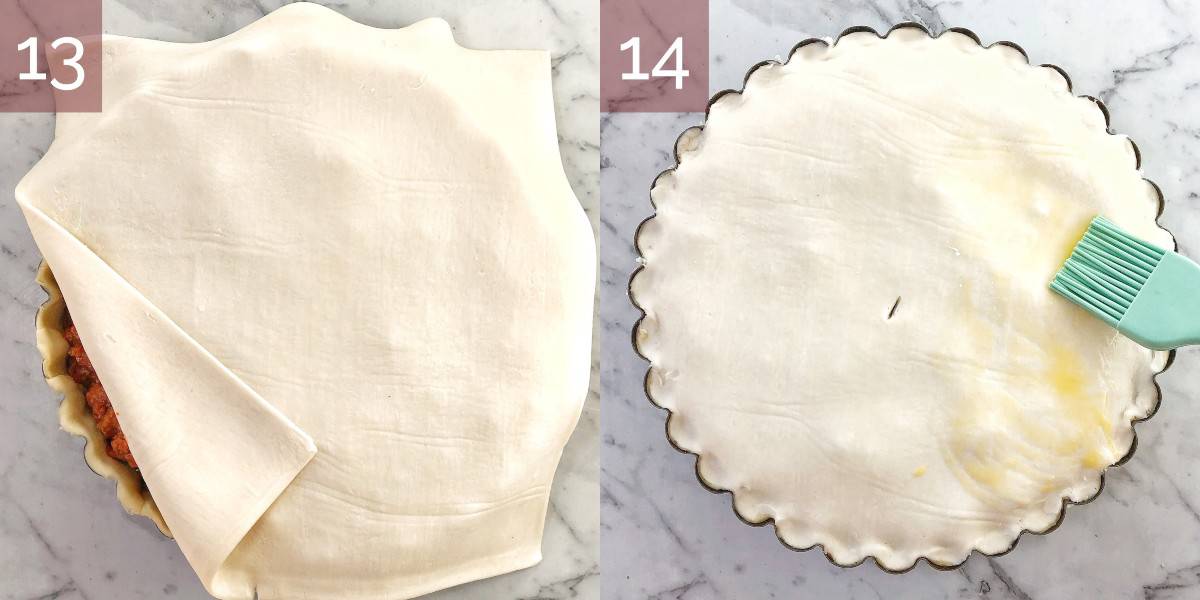 process shots showing uncooked pastry covering pie filling