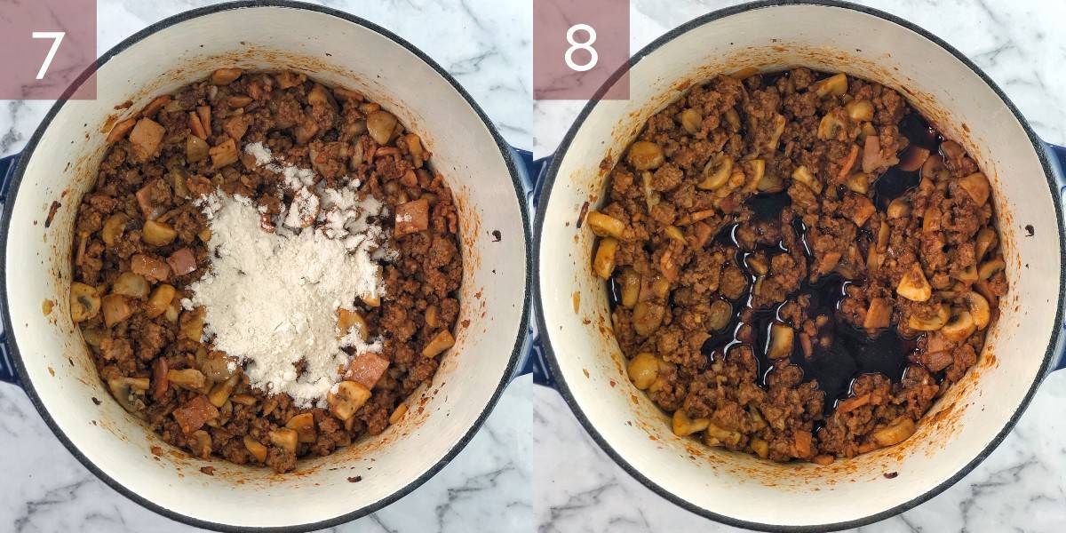 process shots showing mince with flour and wine