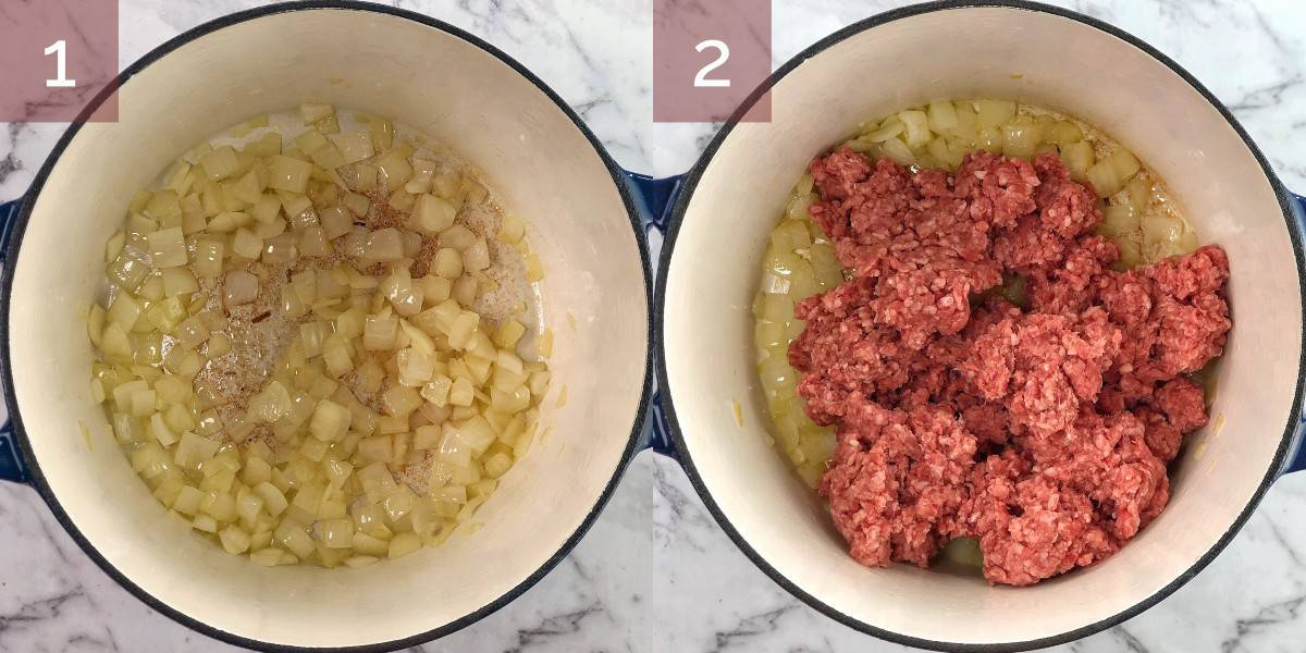 process images of lamb mince and onion in a pot