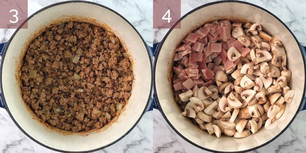 process shots showing mince bacon and mushrooms in a pot for cooking lamb mince pie