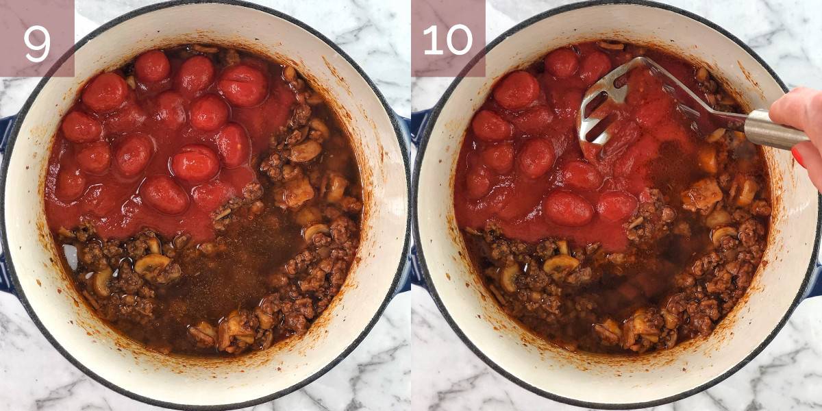 process shots showing mince with tomatoes being crushed