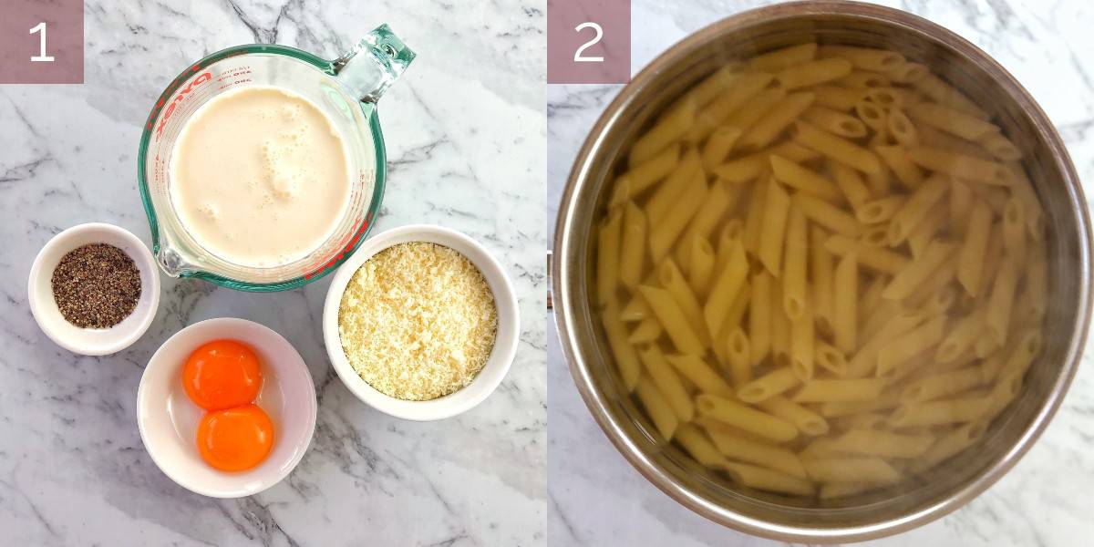 images showing process of making carbonara pasta
