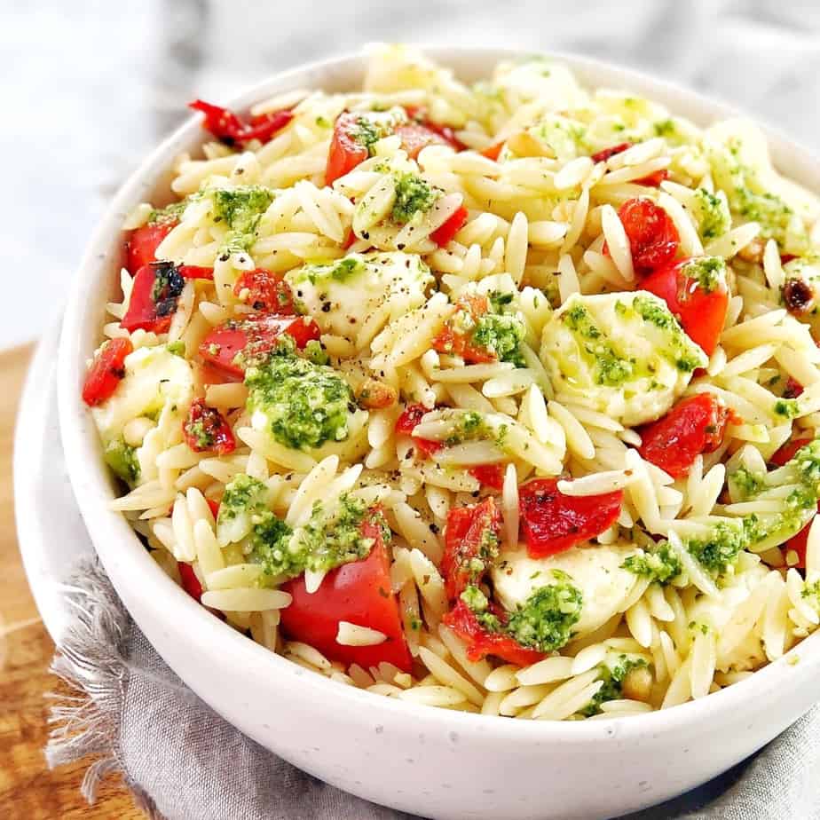pasta salad in a white bowl