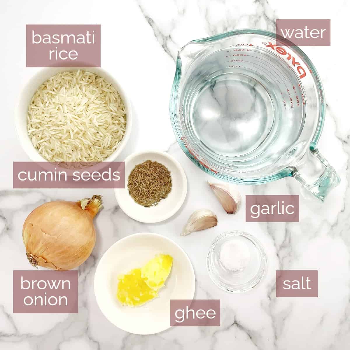 graphic showing ingredients needed to make this rice recipe with labels