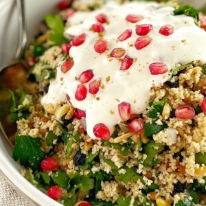 couscous salad with yoghurt and pomegranate seeds on top in a white bowl with a spoon.