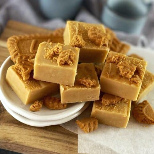 Square pieces of brown fudge sitting on a wooden board.