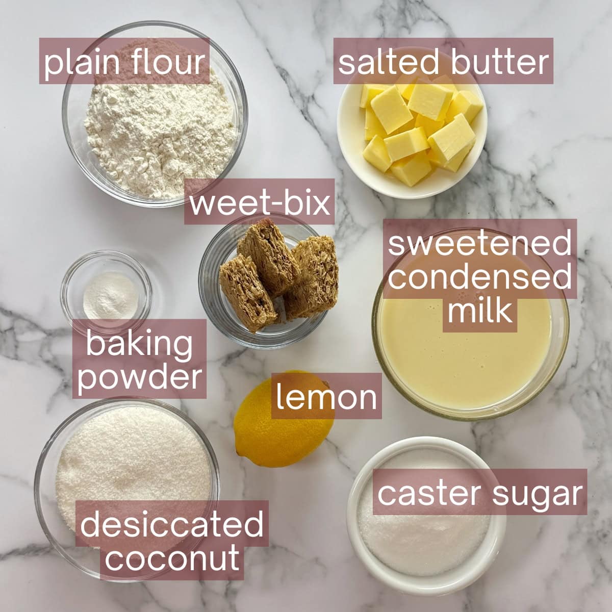 Collage showing the ingredients required to make thbis recipe including labels.