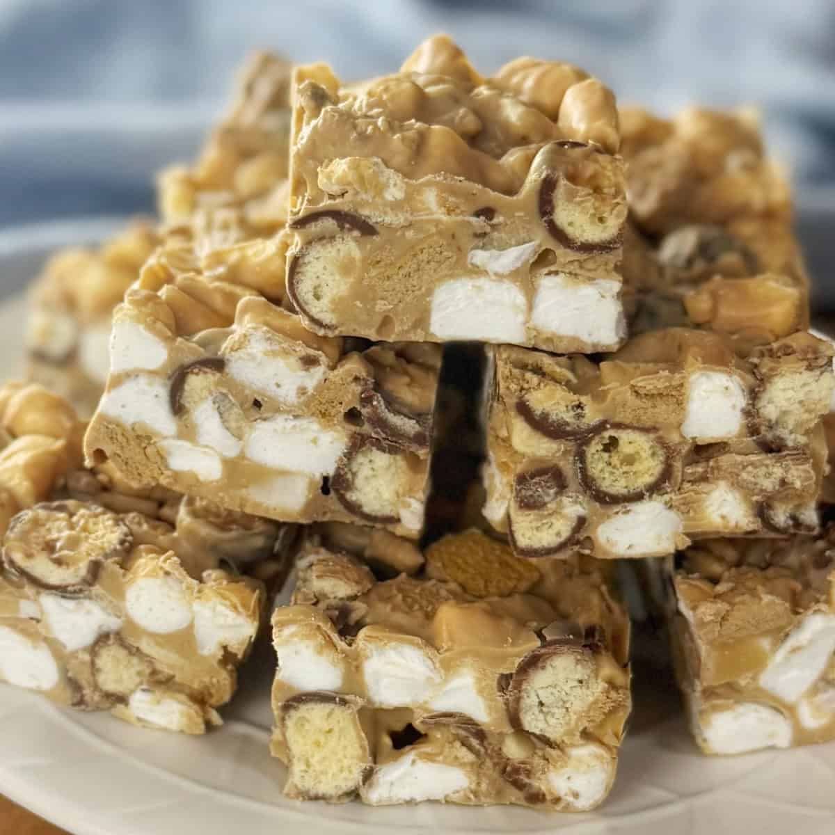Pieces of rocky road sitting on a white plate.