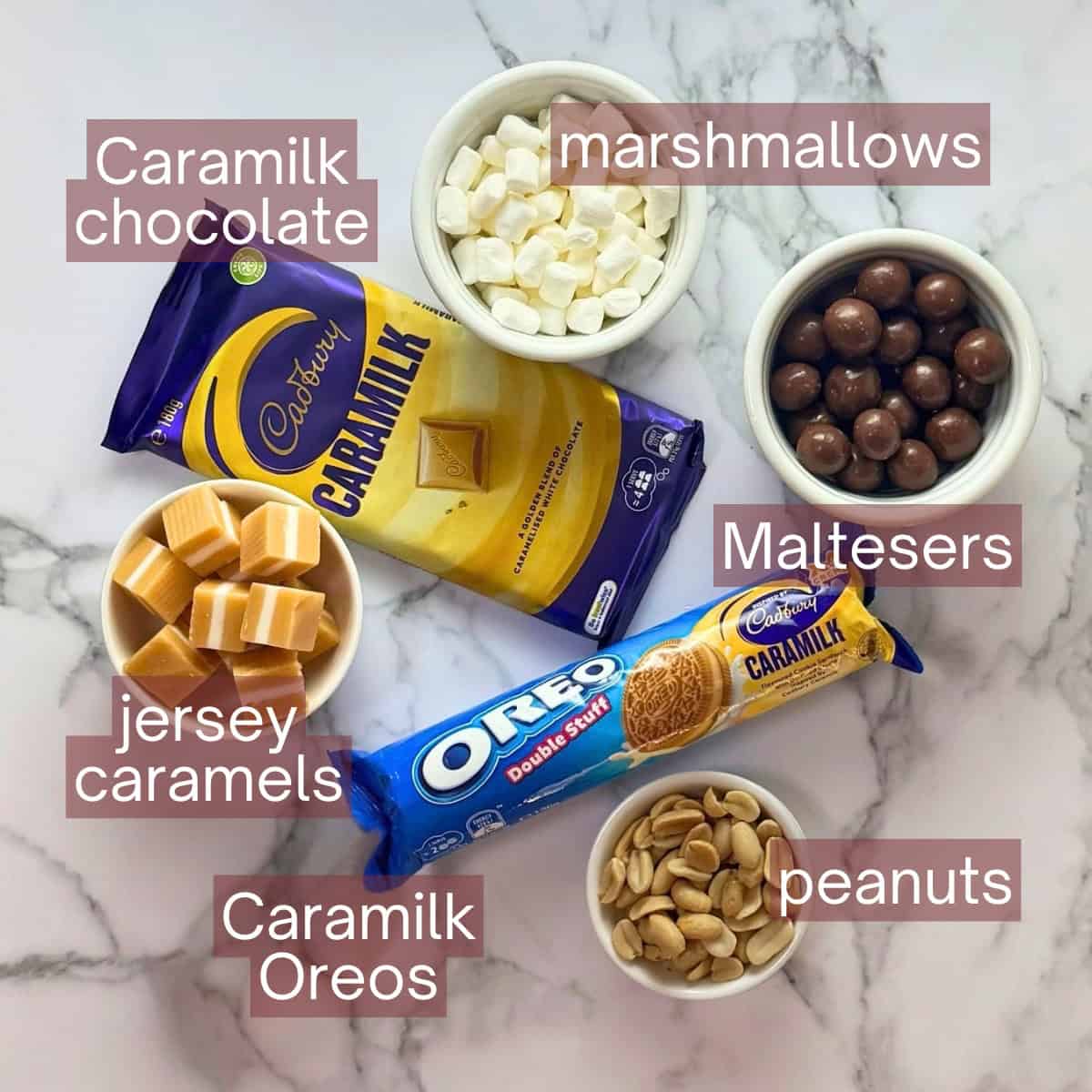 Collage showing the ingredients that are needed to make this recipe including labels.